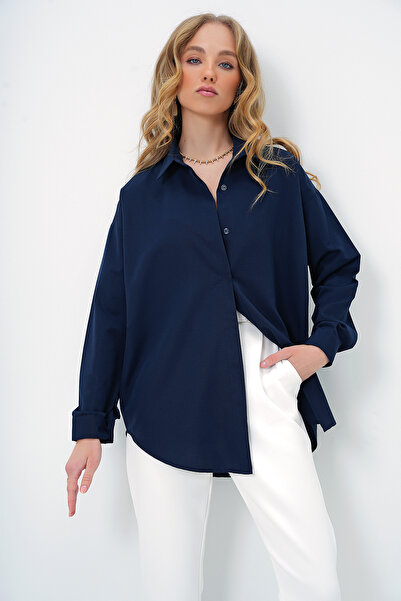 Trend Alaçatı Stili Kadın Lacivert Oversize Uzun Dokuma Gömlek ALC-X6828
