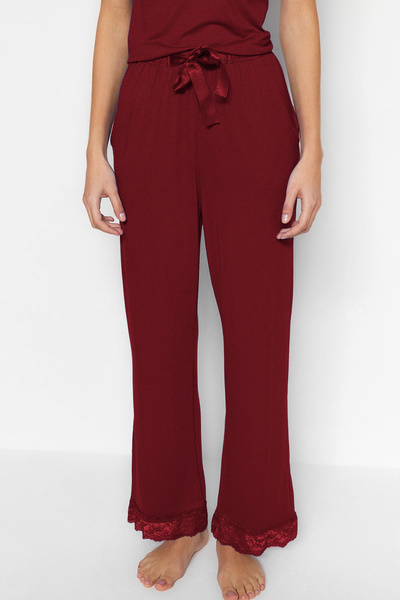Trendyol Collection Viscose Knitted Pajamas Set - Burgundy Lace and Ribbon Detail, Rope Strap Thmss20Pt0134