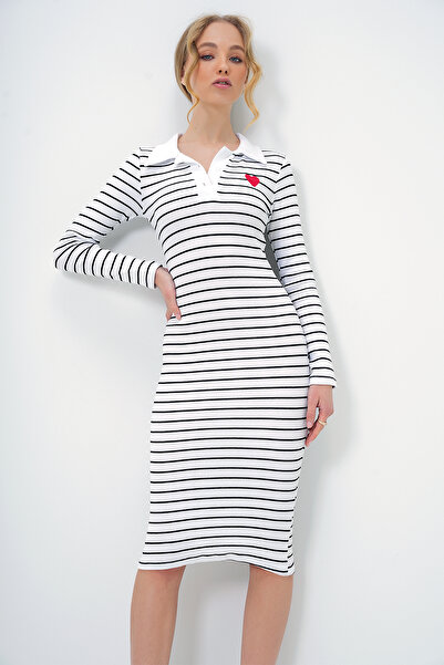 Trend Alaçatı Stili Women's White Striped Polo Neck Sweetheart Embroidery Buttoned Basic Dress Alc-X13373