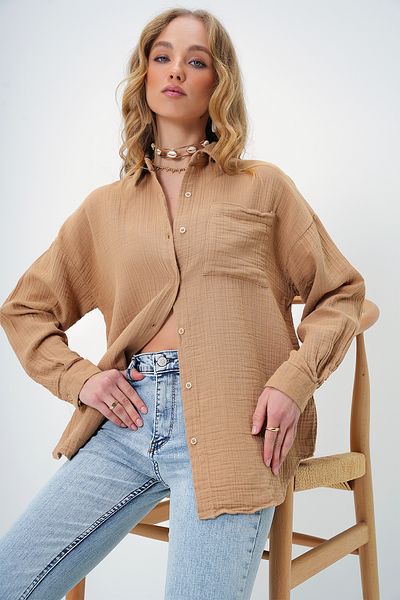 Trend Alaçatı Stili Women's Beige Single Pocket Linen Look Oversize Woven Shirt Alc-X13344