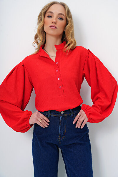 Trend Alaçatı Stili Coral Colorful Prevailing Collar and Balloon Sleeve Textured Women's Shirt Blouse - Alc-X11872