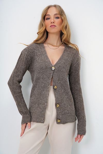 Trend Alaçatı Stili Durchbrochene Angora-Strickjacke mit V-Ausschnitt für Damen ALC-X13454