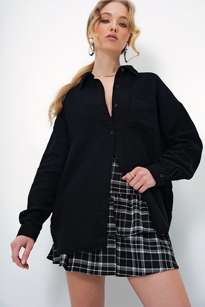 Trend Alaçatı Stili Women's Black Single Pocket Linen Look Oversize Woven Shirt Alc-X13344