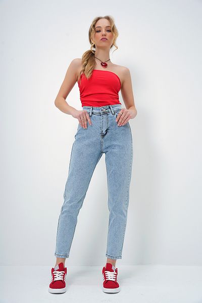 Trend Alaçatı Stili Women's Ice Blue Regular Waist Tight Leg Washed Mom Jean Alc-X13406