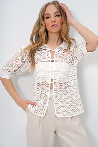 Trend Alaçatı Stili Kadın Ekru Bebe Yaka Prenses Kol Düğüm Kapamalı Yazlık Gömlek ALC-X13418