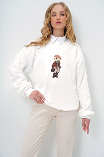 Trend Alaçatı Stili Weißes Damen-Sweatshirt mit Hundemotiv – Rundhalsausschnitt, Raster ALC-X13476