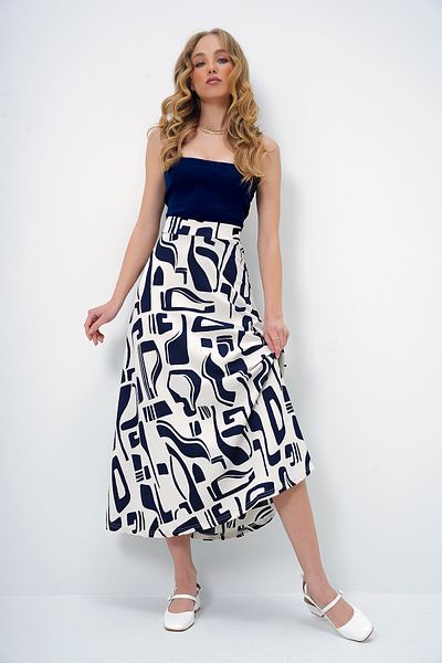 Trend Alaçatı Stili Marineblauer, bequem geschnittener Rock mit Batikmuster und elastischer Taille für Damen ALC-X13352