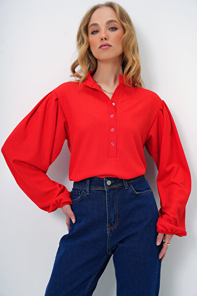 Trend Alaçatı Stili Coral Colorful Prevailing Collar and Balloon Sleeve Textured Women's Shirt Blouse - Alc-X11872