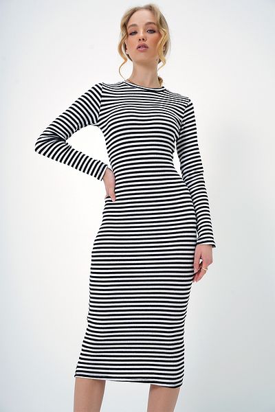 Trend Alaçatı Stili Women's Black Crew Neck Striped Midi Length Basic Dress Alc-X13368