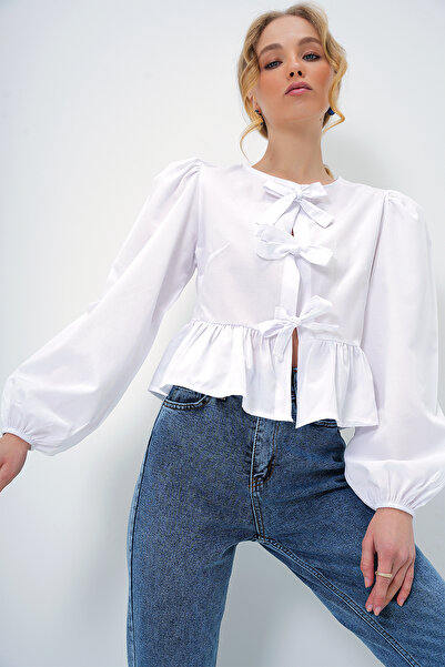 Trend Alaçatı Stili Γυναικεία μπλούζα ποπλίνα με λαιμόκοψη με φιόγκο με μανίκια πριγκίπισσας ALC-X13375