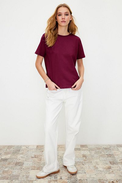 Trendyol Collection Dark Cherry 100 % Baumwolle Basic-Rundhals-Strick-T-Shirt TWOSS23TS00000