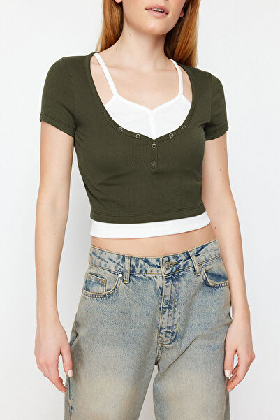 Trendyol Collection Χακί διπλής στρώσης Λεπτομερής Εφαρμογή/Σώμα WrapFitted Stretch Πλεκτή Μπλούζα TWOSS24BZ00102