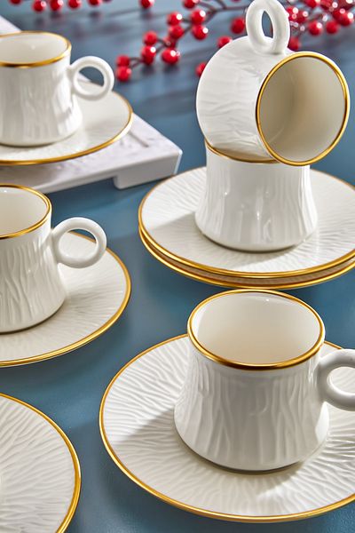 Kitchen Life 12-Piece 6-Person Porcelain Gold Gilt Wavy Coffee Cup Set - Zebra Pattern Coffee Cup