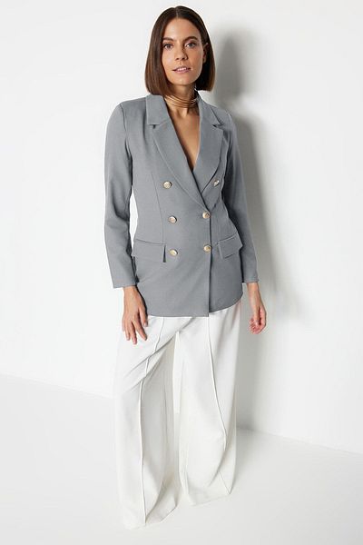 Trendyol Collection Graue, übergroße, gefütterte, zweireihige Blazerjacke aus Webstoff TWOSS20CE0024