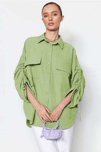 Trendyol Modest Lime Sleeves Nastavitelné stahovací šňůrky Detail Tkaná bavlněná košile TCTSS23TG00011