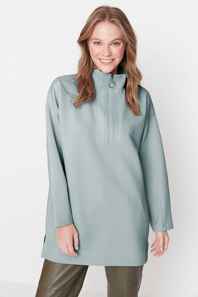 Trendyol Modest Hellkhakifarbenes, übergroßes, detailliertes Taucher-/Scuba-Strick-Sweatshirt mit Reißverschluss TCTAW23TW00198