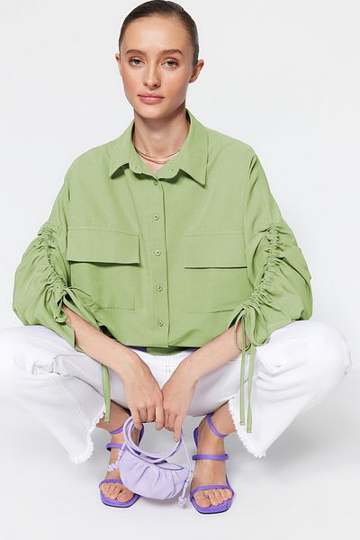 Trendyol Modest Lime Sleeves Nastavitelné stahovací šňůrky Detail Tkaná bavlněná košile TCTSS23TG00011