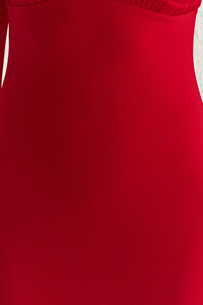 Trendyol Collection Red Body-Fitting V-Neck Knitted Stylish Dress Tprss25El00006