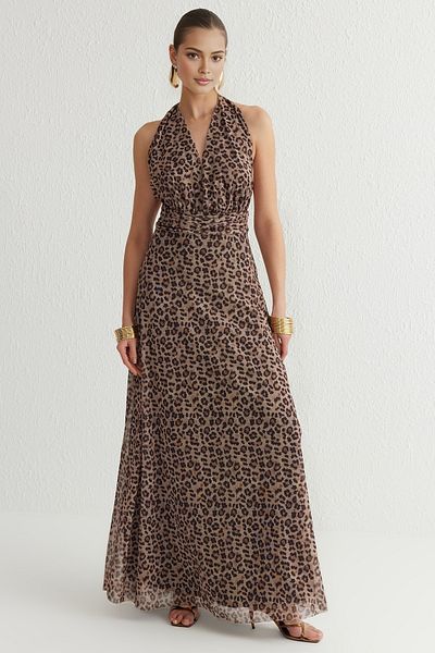Trendyol Collection Stilvolles, gestricktes A-Linien-Abendkleid mit Blumendruck – buntes Heimkehrkleid TPRSS25AE00010