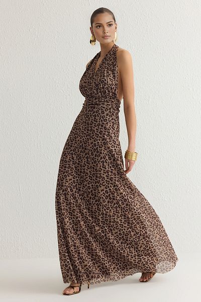 Trendyol Collection Stilvolles, gestricktes A-Linien-Abendkleid mit Blumendruck – buntes Heimkehrkleid TPRSS25AE00010