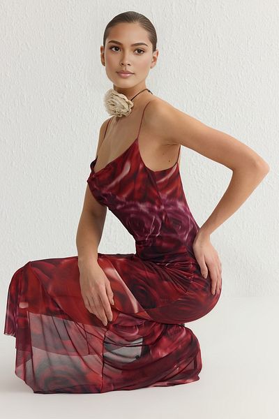 Trendyol Collection Stylish Floral Print Pleated Knitted Dress - A-Cut, Degaje Neckline Tprss25El00088