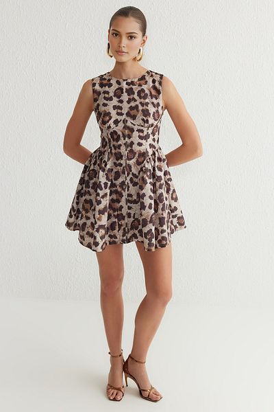 Trendyol Collection Brown-Multicolor A-Cut Poplin Woven Mini Dress Tprss25El00108