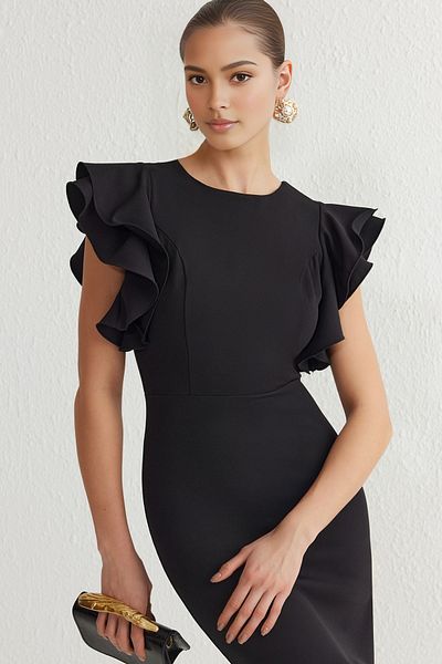 Trendyol Collection Black Fitted Flounce Detail Stylové šaty Tprss25El00095