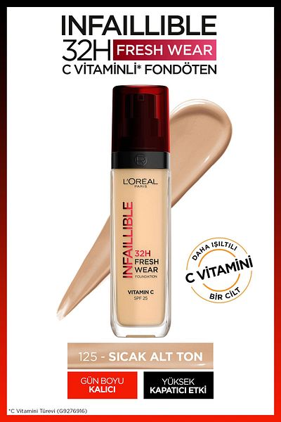 L'Oreal Paris كريم أساس L'Oreal Paris Infaillible 32H - Fresh Wear Foundation مع فيتامين C، 125 كونسيلر بيج طبيعي