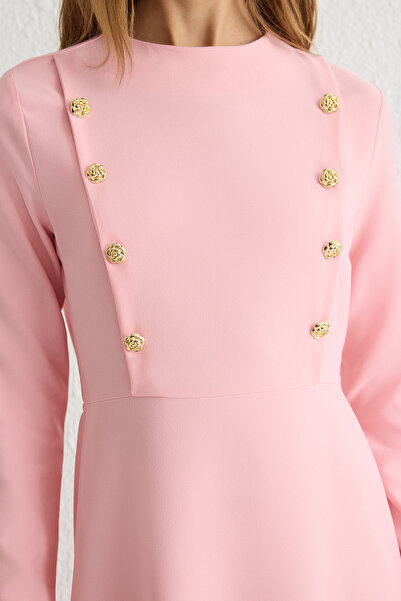 Trendyol Modest Ανοιχτό ροζ φλοράλ υφαντό φόρεμα με κουμπιά TCTSS25EB00032