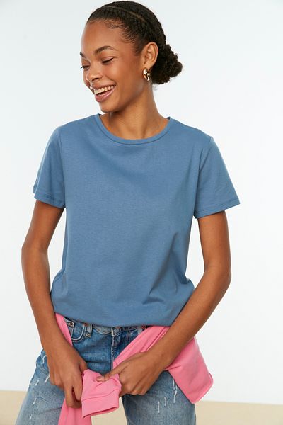 Trendyol Collection Indigo-růžová 100% bavlna 2-balení Basic Crew Pletené tričko s výstřihem TWOSS20TS0141