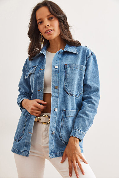 Olalook Dámská modrá džínová bunda se 4 kapsami na knoflíky CKT- 19000424