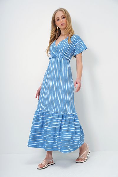 Trend Alaçatı Stili Zweireihiges Maxikleid mit Indigo-Ecru-Print für Damen ALC-X4373