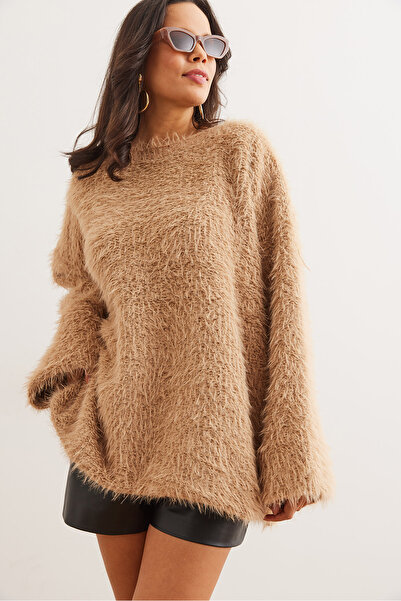 Olalook Camel Color Oversize Knitwear Women's Sweater - Long Beard Kzk- 19000954