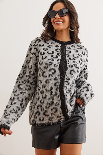 Olalook Women's Gray Buttoned Raised Loose Leopard Cardigan Hrk- 19000333