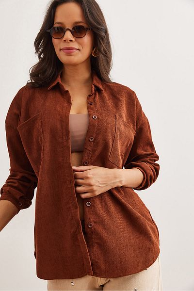 Olalook Women's Brown Comfortable Fit Slim Corduroy Shirt Gml- 19001262