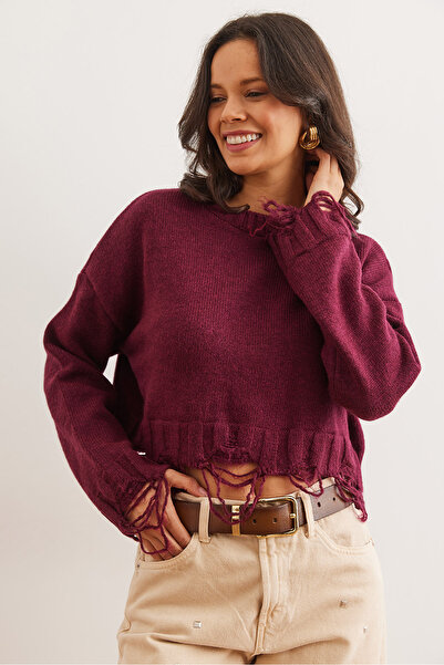 Olalook Women's Burgundy Laser Ripped Detailed Soft Textured Knitwear Sweater Kzk- 19000885