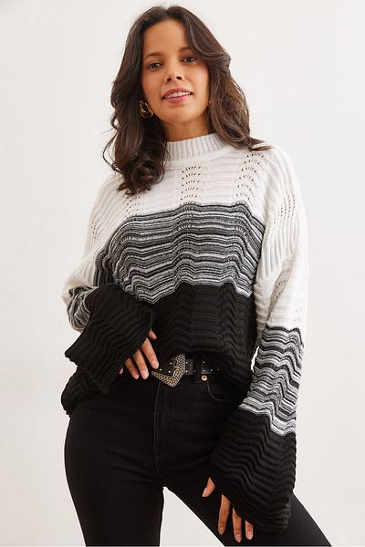 Olalook Pulover de damă negru cu model ondulat cu schimbare de culoare KZK- 19000950