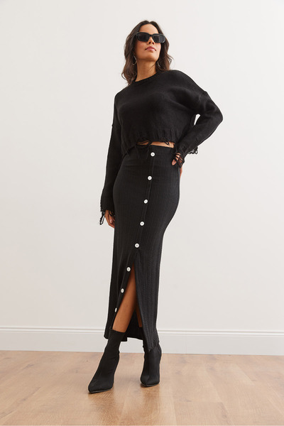 Olalook Fusta lungă cu nasturi cu talie elastică neagră pentru femei ETK- 19000293