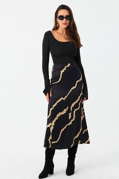 Cool & Modest Fusta de damă din satin cu model negru MCAR1060