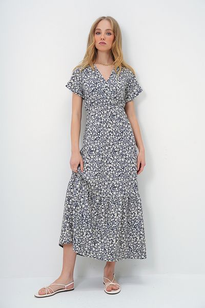 Trend Alaçatı Stili Marineblaues, zweireihiges Maxikleid mit Ecru-Print für Damen ALC-X4373