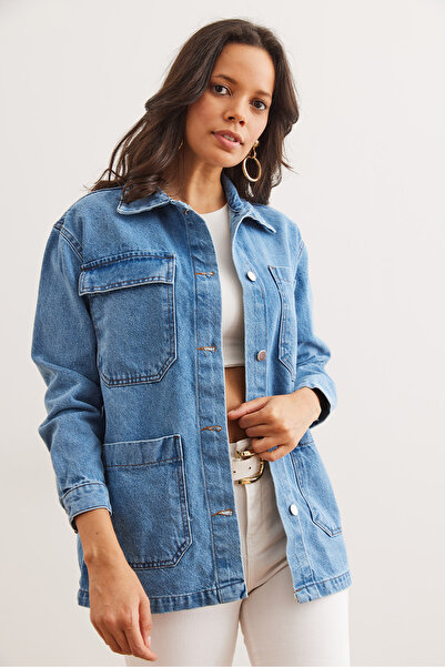 Olalook Dámská modrá džínová bunda se 4 kapsami na knoflíky CKT- 19000424