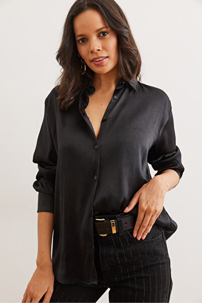 Olalook Women's Black Satin Crinkle Woven Shiny Shirt Gml- 19001276