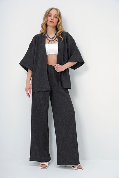 Trend Alaçatı Stili Women's Anthracite Double Sleeve Wrapped Fabric Summer Kimono and Pants Suit Alc-X13466