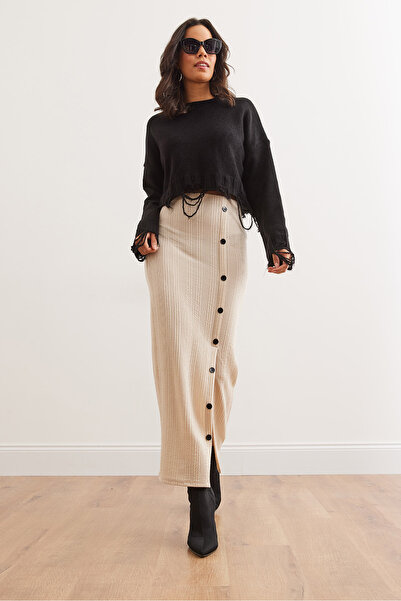 Olalook Kadın Taş Beli Lastikli Düğmeli Yırtmaçlı Uzun Etek ETK-19000293