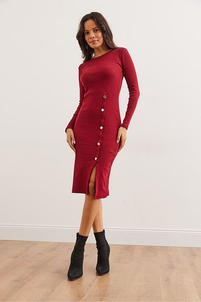 Olalook Burgunderrotes, mit Knöpfen verziertes, geschlitztes, dehnbares Midi-Kleid ELB- 19002256
