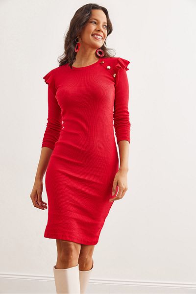 Olalook Women's Red Button Ruffle Detail Mini Lycra Dress Elb- 19002297