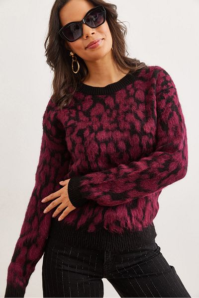 Olalook Pulover de damă din tricotaje cu model leopard burgundy KZK- 19000952