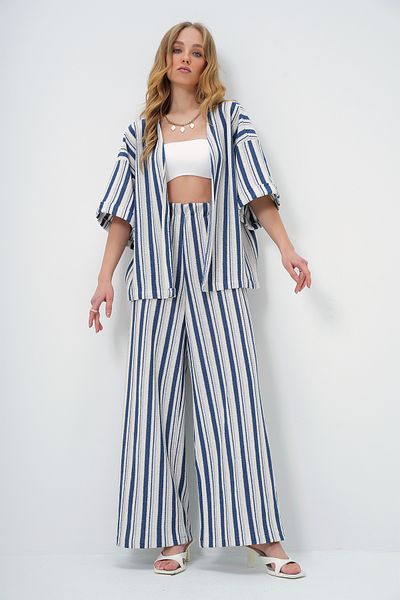 Trend Alaçatı Stili Navy Blue-White Striped Knitwear Oversize Kimono and Pants Set - Alc-X13412