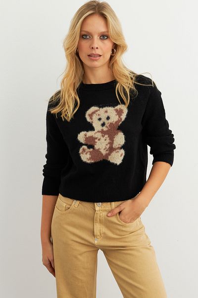 Cool & Modest Pulover negru pentru femei cu ursuleț MKED7429