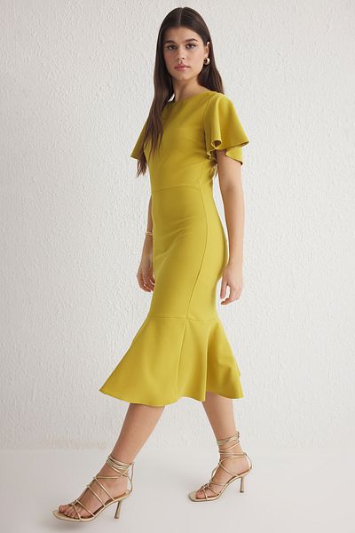 Trendyol Collection Πράσινο μίντι υφαντό φόρεμα με λαδί με φόδρα με φλάντζα